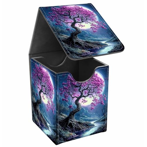 Card Deck Box, Card Storage Box Fits 100+ Single Sleeved Cards, Large Capacity PU Leather Card Storage Box with Strong Magnet for Magic Commander TCG/CCG, Moonlight Tree - color: Moonlight Tree