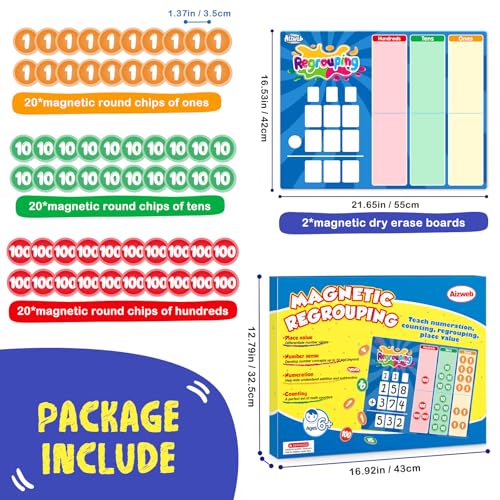 Aizweb Magnetic Regrouping Base Ten Place Value Chart,Addition and Subtraction Math Manipulatives,Dry Erase Board for 1st 2nd 3rd Grade Classroom Must Haves,Hands On Regrouping Math Games for Kids