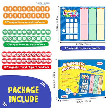 Aizweb Magnetic Regrouping Base Ten Place Value Chart,Addition and Subtraction Math Manipulatives,Dry Erase Board for 1st 2nd 3rd Grade Classroom Must Haves,Hands On Regrouping Math Games for Kids