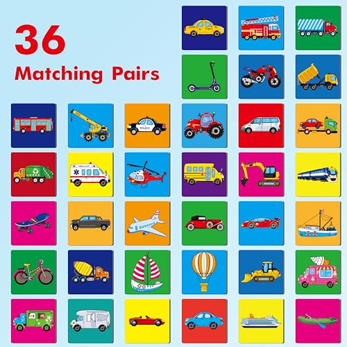 Hebayy Vehicle Matching Game, 72 PCS Traffic Memory Matching Cards for Toddlers 36 Pairs Transportation Memory Cards Educational Toys for Preschool Boys & Girls 4 5 6 Years Old - style: Vehicle