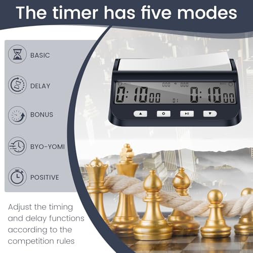 Digital Chess Clock Delay Bonus BYO YOMI and Count Up Multifunctional Portable Chess Timer with Large Button Countdown Time Addition Delay Alarm On/Off Move Counting Memory Setting