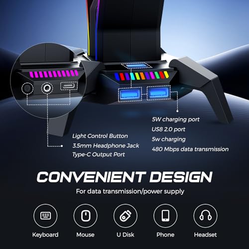 MARVO RGB Headphone Stand Data Transmission, 9 Lights Mode Headset Holder with 1 USB-C & 3 USB Ports & 1 3.5mm Jack Port, Ultimate Gaming Accessories for Gamers for PS, Xbox, PC