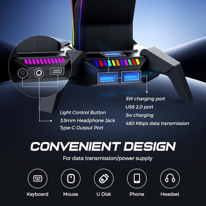 MARVO RGB Headphone Stand Data Transmission, 9 Lights Mode Headset Holder with 1 USB-C & 3 USB Ports & 1 3.5mm Jack Port, Ultimate Gaming Accessories for Gamers for PS, Xbox, PC