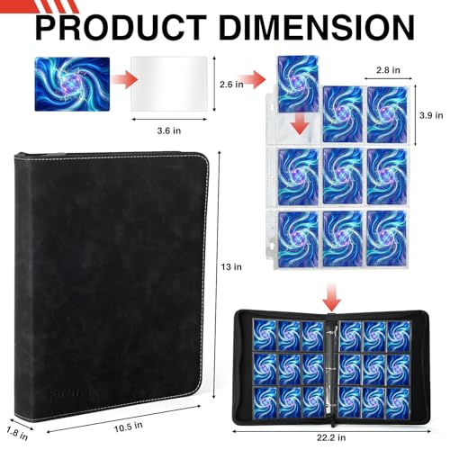 9 Pocket Trading Card Binder, 900 Cards Zip Album, Black | 50 Pcs Double Sided Sleeves, 3 Rings, Card Organizer for Baseball, Football, Basketball, Sports, Game Cards - color: Black