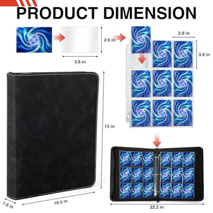 9 Pocket Trading Card Binder, 900 Cards Zip Album, Black | 50 Pcs Double Sided Sleeves, 3 Rings, Card Organizer for Baseball, Football, Basketball, Sports, Game Cards - color: Black