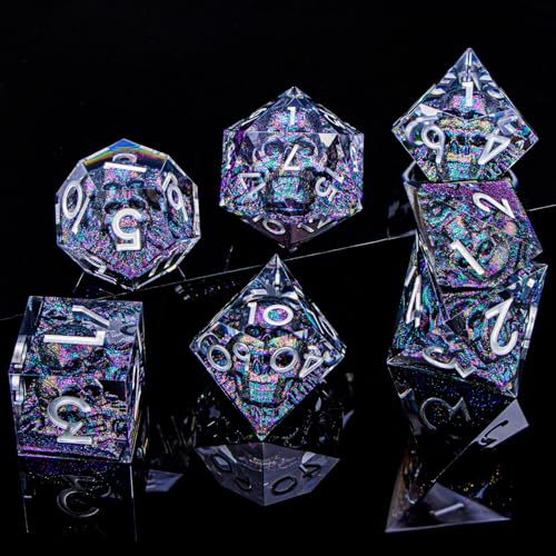 DND Skull Dice Set 7PCS Necromancer Polyhedral Dice for Dungeons Dragons RPG Role Playing Game, Resin Sharp Edged D and D Dice with Gift Box D6 D8 D10 D12 D20 (Green Purple) - color: Purple Green&silver