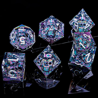 DND Skull Dice Set 7PCS Necromancer Polyhedral Dice for Dungeons Dragons RPG Role Playing Game, Resin Sharp Edged D and D Dice with Gift Box D6 D8 D10 D12 D20 (Green Purple) - color: Purple Green&silver