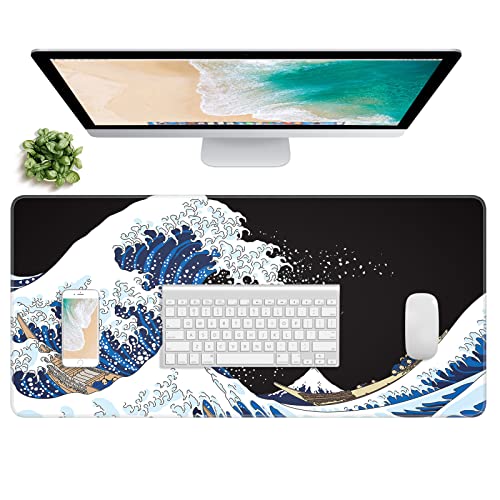Extended Gaming Mouse Pad, XXL Large Desk Pad 30 x 14 Inch, Big Computer Keyboard Mousepad, Waterproof Mouse Mat with Stitched Edges and Non-Slip Base for Women Office Gaming, Sea Waves - color: Sea Waves