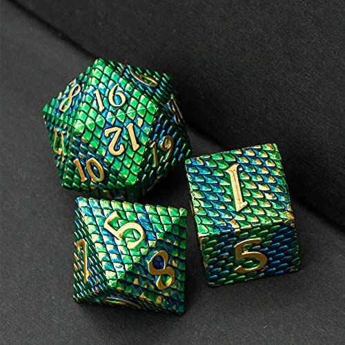 UDIXI Metal Dice Set D&D, 7-Die Dragon Scale Metal DND Dice Set Polyhedral for Role Playing Games and Other Tabletop Game (Green) - color: Dragon Scale-green and Blue