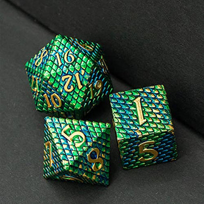 UDIXI Metal Dice Set D&D, Dragon Scale Metal DND Dice Set for Tabletop Game | 7PCS, Solid Metal, Metal Dice Box, DM Gift, for Dungeons and Dragons RPG Role Playing Games Board Games - color: Dragon Scale-green and Blue