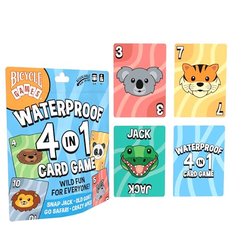 Bicycle Waterproof 4-in-1 Card Games Set Plastic Deck Family Travel Pack | 4 games in 1 Crazy Apes Go Safari Old Goat and Snap Jack, Waterproof plastic, Re-sealable storage bag, Ages 6 and up