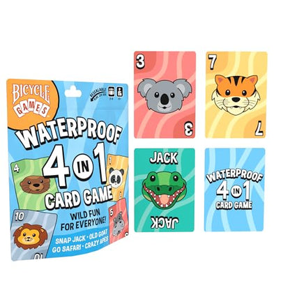 Bicycle Waterproof 4-in-1 Card Games Set Plastic Deck Family Travel Pack | 4 games in 1 Crazy Apes Go Safari Old Goat and Snap Jack, Waterproof plastic, Re-sealable storage bag, Ages 6 and up