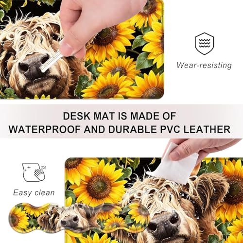 Mouse Pad,Large Desk Mat Set, 4in1 XL Mousepad + Keyboard Wrist Rest+Mouse Wrist Rest+Coaster with Ergonomic Desk Pad for Home Office Table Computer Cover -Highland Cow Sunflower - color: Highland Cow Sunflower