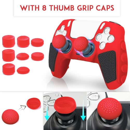 SIKEMAY Anti-Slip PS5 Controller Skin, Soft Thicken Non-Slip Studded Silicone Gel Grip Protective Cover Case for PlayStation 5 Controller Grip, 2 Pack with 8 x Thumb Grip Caps - color: Red-Black