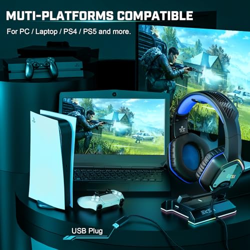EKSA E1000 USB Gaming Headset, PC Headset with Noise Canceling Mic & RGB Light, 7.1 Surround Sound Computer Headphones, Compatible with PC, PS4 PS5 Console, Laptop