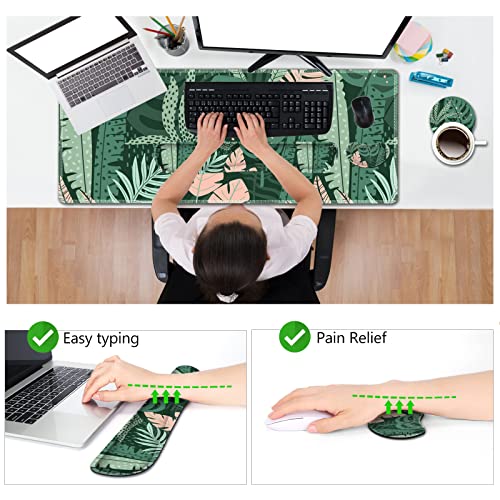 AIMSA Large Gaming Mouse Pad Set, Keyboard Wrist Rest Support Mouse Pad, Ergonomic Memory Foam Multifunctional Extended Desk Mat 35x15.7in Anti-Slip Rubber Base for Office Home, Pink Green Leaves - color: Pink Green Leaves