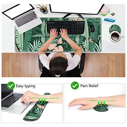 AIMSA Large Gaming Mouse Pad Set, Keyboard Wrist Rest Support Mouse Pad, Ergonomic Memory Foam Multifunctional Extended Desk Mat 35x15.7in Anti-Slip Rubber Base for Office Home, Pink Green Leaves - color: Pink Green Leaves