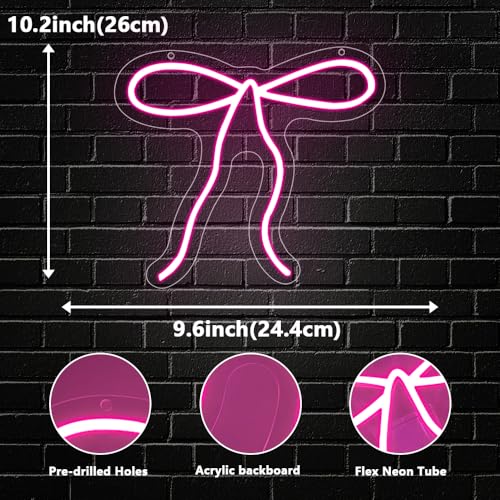 Bow Neon Sign, Pink Ribbon Bow Neon Signs for Wall Decor Pink LED Neon Light for Girl's Girly Room Bridal Shower Wedding Nursery Christmas Birthday Party Gift Dimmable USB Powered (10.2"*9.6") - style: Pink Bow