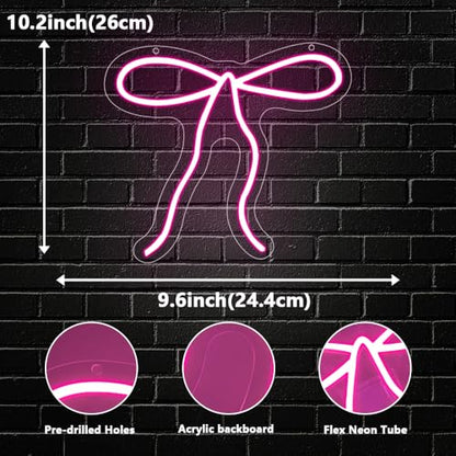 Bow Neon Sign, Pink Ribbon Bow Neon Signs for Wall Decor Pink LED Neon Light for Girl's Girly Room Bridal Shower Wedding Nursery Christmas Birthday Party Gift Dimmable USB Powered (10.2"*9.6") - style: Pink Bow