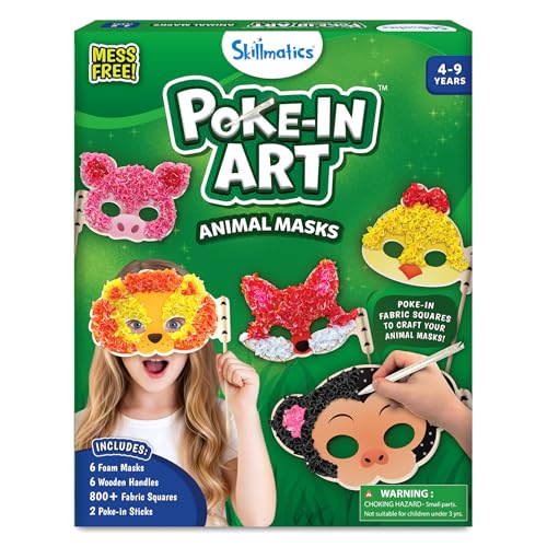 Skillmatics Poke-in Art – Animal Masks, Mess-Free DIY Wood Craft Kit | Fun Creative Activity for Kids, 800+ Colorful Fabric Squares, 6 Foam Masks, Gifts for Girls & Boys Ages 4, 5, 6, 7, 8, 9 - style: 9. Animal Masks
