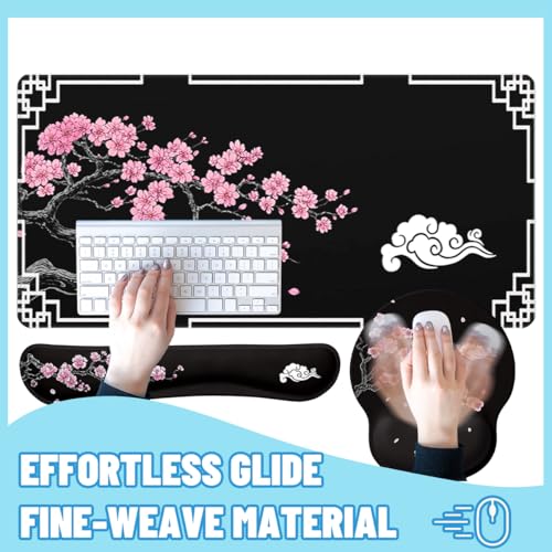 Cherry Blossom Desk Mat Set Oriental Black Zen Art Mouse Pad with Wrist Rest 4in1 Desk Mat for Desktop Ergonomic Computer Desk Arm Wrist Anti-Slip Computer Ergonomic Mouse Pad Home Office Gaming - color: Cherry Blossom