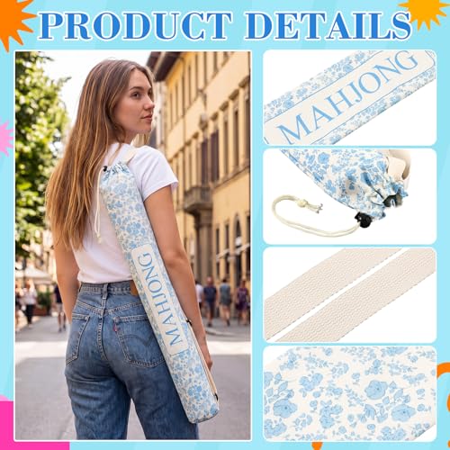 34 Inch Long Mahjong Mat Bag Cute Double Strapped Canvas Drawstring Mahjong Holder Lightweight Outdoor Carrying Bag for Board Games Travel Storage-Mat Not Include(Light Blue,Paisley,1 Pc) - color: Light Blue, style: Chinoiserie