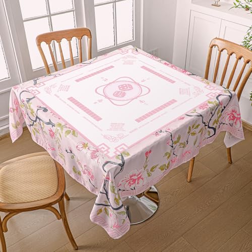 Oudain Chinoiserie Mahjong Tablecloth Florals Card Table Cloth 55x 55 Inch Square Tablecloth Game Table Cover with Game Rules for Mahjong Beginners, Card, Board Tile Games (Pink and Green) - color: Pink and Green
