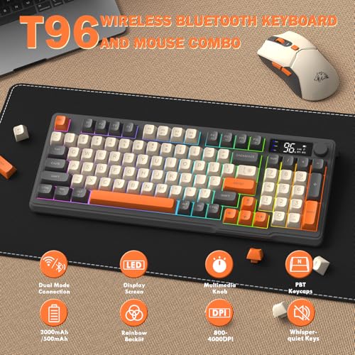 FREEWOLF T96 Smart Display Wireless Gaming Keyboard and Mouse Comb, 94Key LED Lighting Rechargeable Silent Membrane Keyboard with Knobs, 2000mAh Battery, 6-Button 4KDPI Mouse for Win/Mac(Glimmer) - color: Glimmer