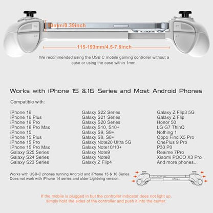 Joso USB C Mobile Gaming Controller, Plug & Play with Hall Effect Joystick/Triggers, 2 Back Buttons/3.5mm Audio Jack, for Cloud/PS/Xbox/PC Remote Play, Universal Phone Gamepad - color: White