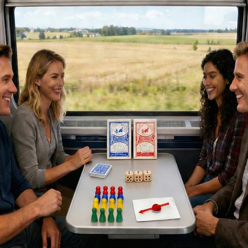 Portable Playing Cards and Dice Set, Include 2 Splash-Resistant Playing Cards, 12 Dice, 16 Pawns, a Spinner, 3 Paper Sheets, and a Plastic Storage Box, Travel-Friendly Set for Outdoor Play