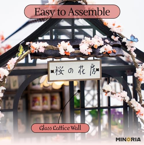 MINORIA Sakura Greenhouse DIY - Miniature House Building Kit-3D Wooden Cherry Blossom Dollhouse with Acrylic Dust Cover - LED Light