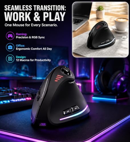TKMARS Wireless Ergonomic Vertical Gaming Mouse with Joystick, Bluetooth & 2.4G, 12 Programmable Buttons, Adjustable 24000 DPI, Rechargeable RGB Computer Mouse for PC, MacBook & Laptops