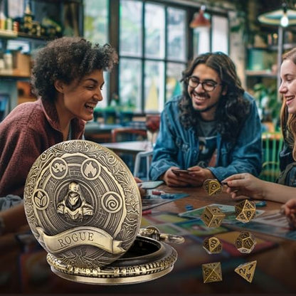 Mini DND Dice Set with Bronze Steampunk Rogue Pocket Watch Case, Tabletop Game Accessories, 7pcs Polyhedral Metal Dice, D&D Starter Set, Gifts with Dice Bag for RPG DM Gamer - color: Rogue Dice Set