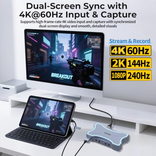 Guermok 4K HDMI Capture Card with Touch LED, Dual HDMI in/Loop-Out, USB 3.0, 4K@60Hz/ 2K@120Hz Video Capture, Mic/Line in, 4K60 Passthrough, Efficient Cooling, Streaming and Gaming for Switch2/1