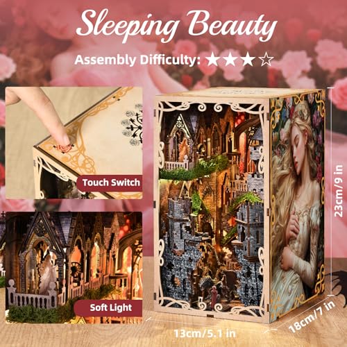 MiniCity Book Nook Kit - DIY Miniature House 3D Wooden Puzzle for Adult and Teens, Booknook Bookshelf Decor Scale Model Build with LED Light, Gifts for Family and Friends (Sleeping Beauty) | 7.1 x 4.3 x 9.1 in; 210 pieces, LED and dust cover; glue/tools a