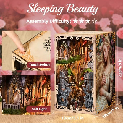 MiniCity Book Nook Kit - DIY Miniature House 3D Wooden Puzzle for Adult and Teens, Booknook Bookshelf Decor Scale Model Build with LED Light, Gifts for Family and Friends (Sleeping Beauty) | 7.1 x 4.3 x 9.1 in; 210 pieces, LED and dust cover; glue/tools a