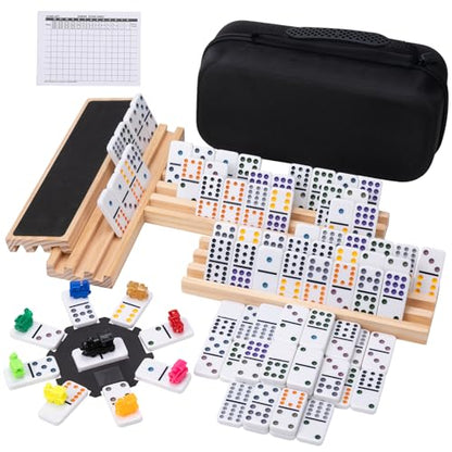 Mexican Train Double 12 Dominoes Set - 91 Tiles with 4 Wooden Trays & Travel Case, Family Board Game for Adults Kids Party Travel - style: 4 Tiles Holders, 91 Tiles Double 12 Dominoes Game Set