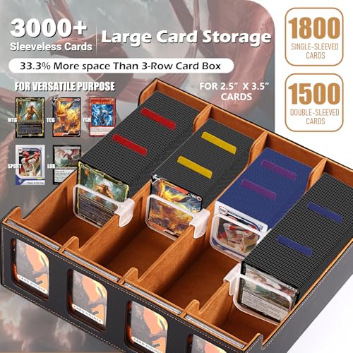 Ultra-Capacity 4-Row Trading Card Storage Box with Commander Display, Holds 3000+ Cards with Dividers & Card Holders, PU Leather MTG Commander Deck Box, YuGiOh, TCG, Sport Cards (Black/Gold) - color: Black / Gold