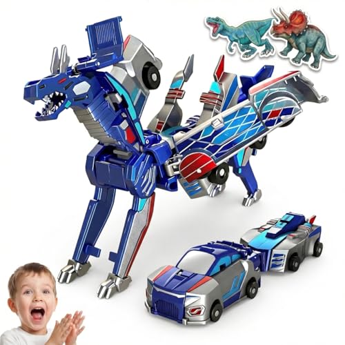 Collision Transforming Dinosaur Car Toy, 2-in-1 Magnetic Cars Convert to Dinosaur Robot, Crash-Activated Deformation, Mother's Day Birthday Gift for Boys Girls Age 3-12 (Blue) + 2 Dino Stickers - color: Blue
