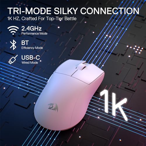 Redragon M916 PRO 3-Mode Wireless Gaming Mouse, 55G Ultra-Light 26K DPI Mouse w/Ergonomic Natural Grip Build, Full Programmable Buttons, Software Supports DIY Keybinds & DPI - color: White, style: 1K Hz