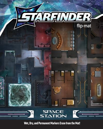 Starfinder Flip-Mat Space Station - Dual Sci-Fi Station Maps with Docked Fighter & Research Outpost 24"x 30"