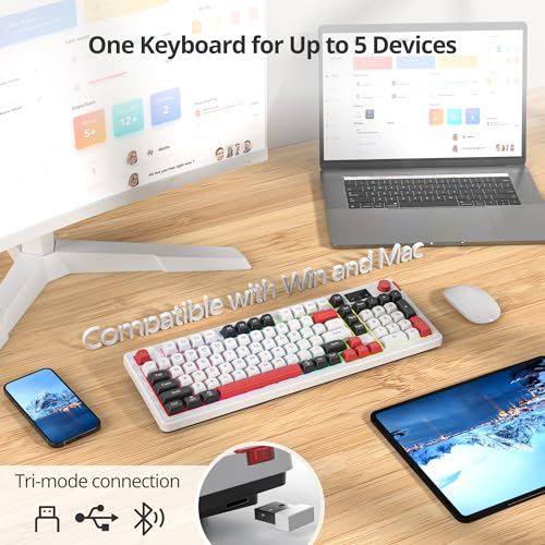 Fogruaden 96% Wireless Quiet Silent Gaming Keyboard with Number Pad & Knob, Mechanical Feel, Spill-Resistant, Multimedia Keys, Wired/BT/2.4G, USB Rechargeable Membrane Computer Keyboard for Win/Mac - color: White