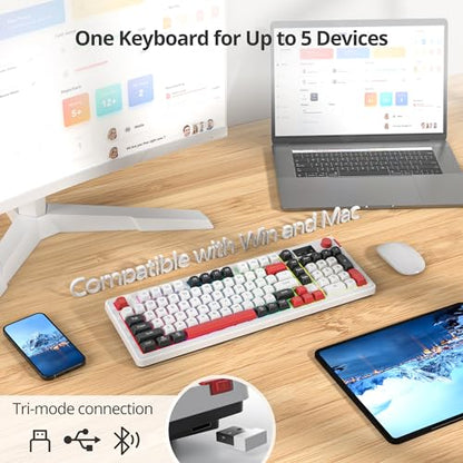 Fogruaden 96% Wireless Quiet Silent Gaming Keyboard with Number Pad & Knob, Mechanical Feel, Spill-Resistant, Multimedia Keys, Wired/BT/2.4G, USB Rechargeable Membrane Computer Keyboard for Win/Mac - color: White