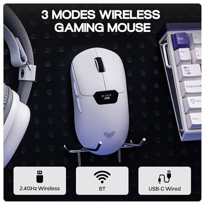 MechLands Aula SC390 Lightweight Gaming Mouse with Display Screen | 2.4G/USB-C/BT Wireless Mouse w/ 400mAh Battery, Adjustable 20,000 DPI, 1000 Polling Rate, PAW3311 Sensor, for Win/Mac (White) - color: White