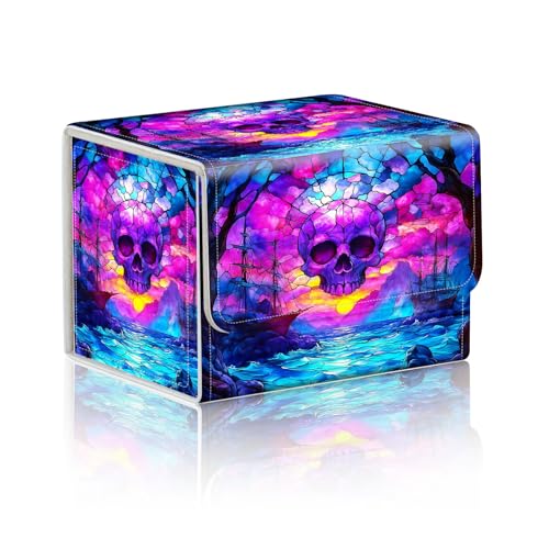 Trading Card Storage Box, Holds 100+ for MTG Cards, Premium PU Leather with Magnetic Closure, Stained Glass Skull Over Sea Durable Deck Box for Magic the Gathering, Trading Card Games - color: Stained Glass Skull Over Sea