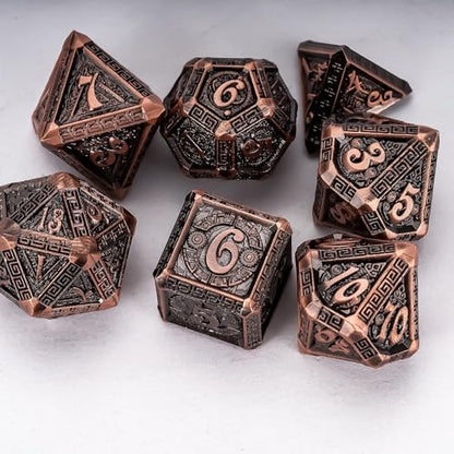 7-Piece Metal Dice Set - Mayan-Themed Zinc Alloy DND Dice for Tabletop Gaming, Gift, and Collecting - color: Mayan-themed-antique Copper
