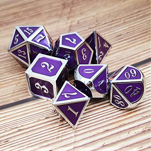 Haxtec Metal DND Dice Set Silver Royal Purple Enamel D&D Dice with Leather Dice Bag Compatible with Dungeons and Dragons TTRPG Gift for DND Lovers Players Masters - color: Silver Purple