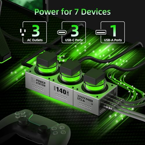 E-Tank 7-in-1 Desktop Charging Station, 140W Max GaN USB-C Charger | 3 AC Outlets, 3 USB-C Ports, 1 USB-A Port, PD 3.1 Fast Charging, Smart Power Sharing, RGB Lighting, Desk Power Hub - color: 140W Charger Station - Gray