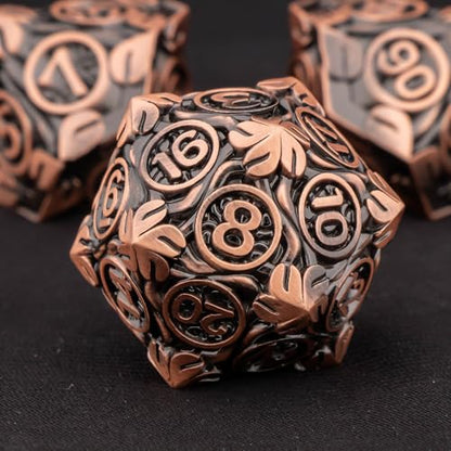 KERWELLSI Metal DND Dice Set D&D, 7Pcs Nature Vines Leaf Role Playing Dice with Gift Box, Copper Dungeons Dragons D and D Game Dice D20 D12 D10 D8 D6 D4 - color: Copper