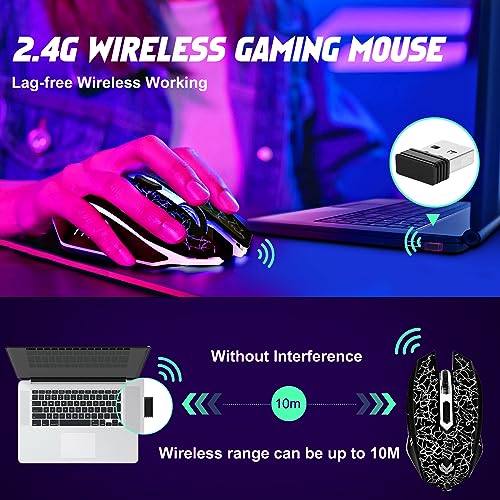 Wireless Gaming Mouse, Rechargeable Wireless Computer Mouse, 7-Color LED Light, Ergonomic Mouse with 6 Silent Click Buttons, 3 Adjustable 2400 DPI Wireless Mouse for Laptop,PC,Mac, Black - color: BLack